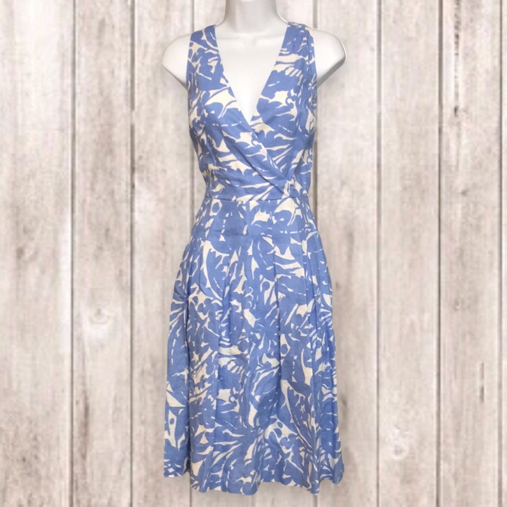 Lauren Ralph Lauren Linen Dress A Line Surplice Cut Blue and White Size 8